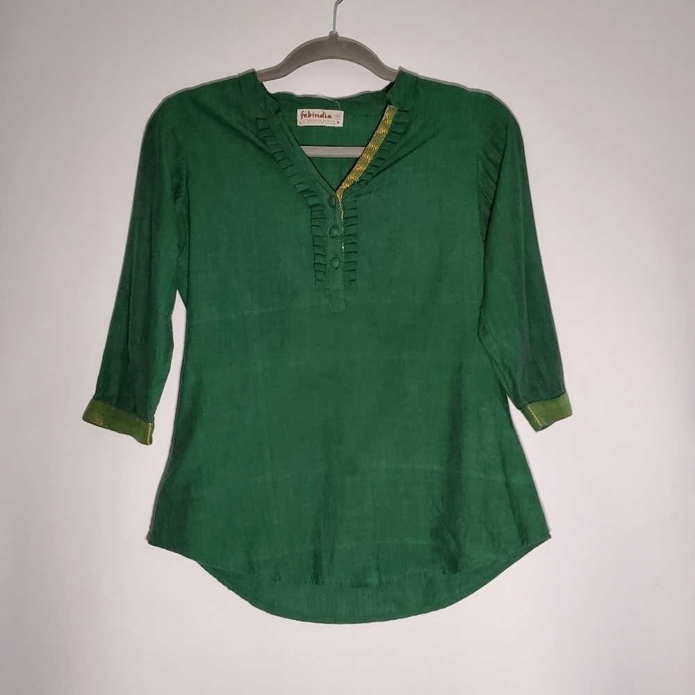 Fabindia Green and Gold Long Sleeve Blouse- Women- Size XS